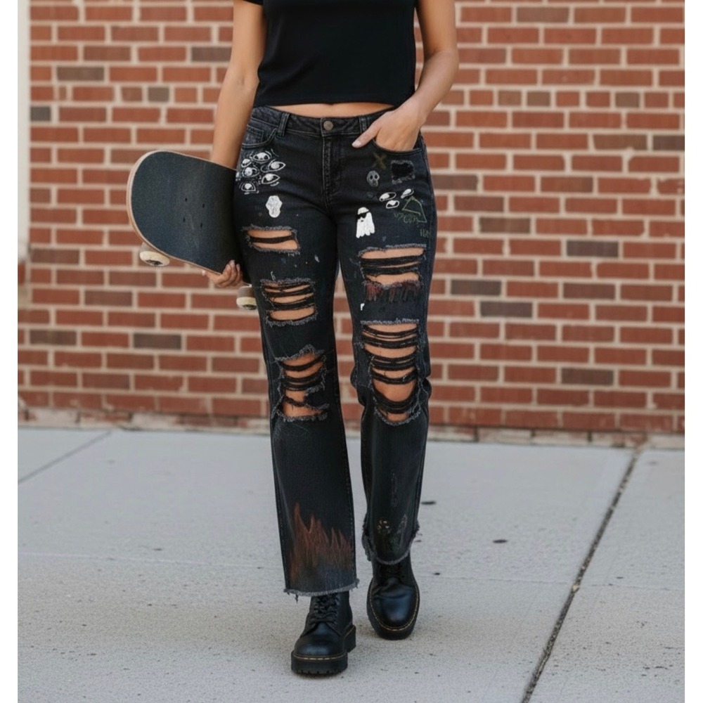 Custom Hand Painted Distressed Black Jeans Grunge Streetwear Art Denim‎ Size 12
